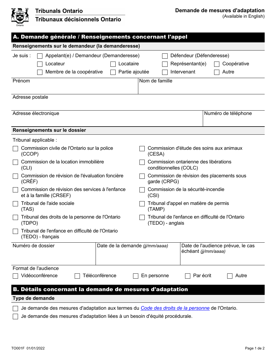 Forme TO001 Demande De Mesures Dadaptation - Ontario, Canada (French), Page 1