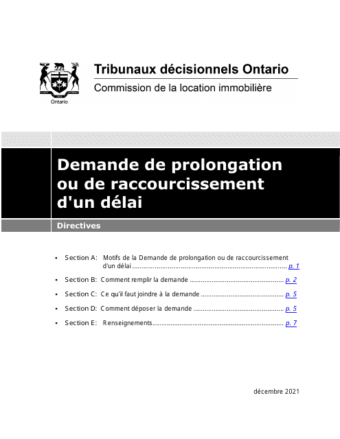 Instruction pour Demande De Prolongation Ou De Raccourcissement D'un Delai - Ontario, Canada (French) Download Pdf