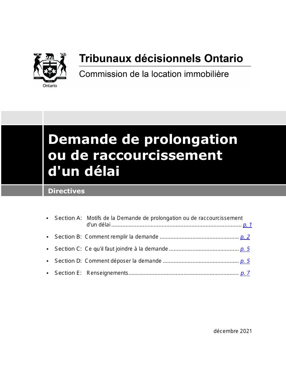Instruction pour Demande De Prolongation Ou De Raccourcissement Dun Delai - Ontario, Canada (French), Page 1