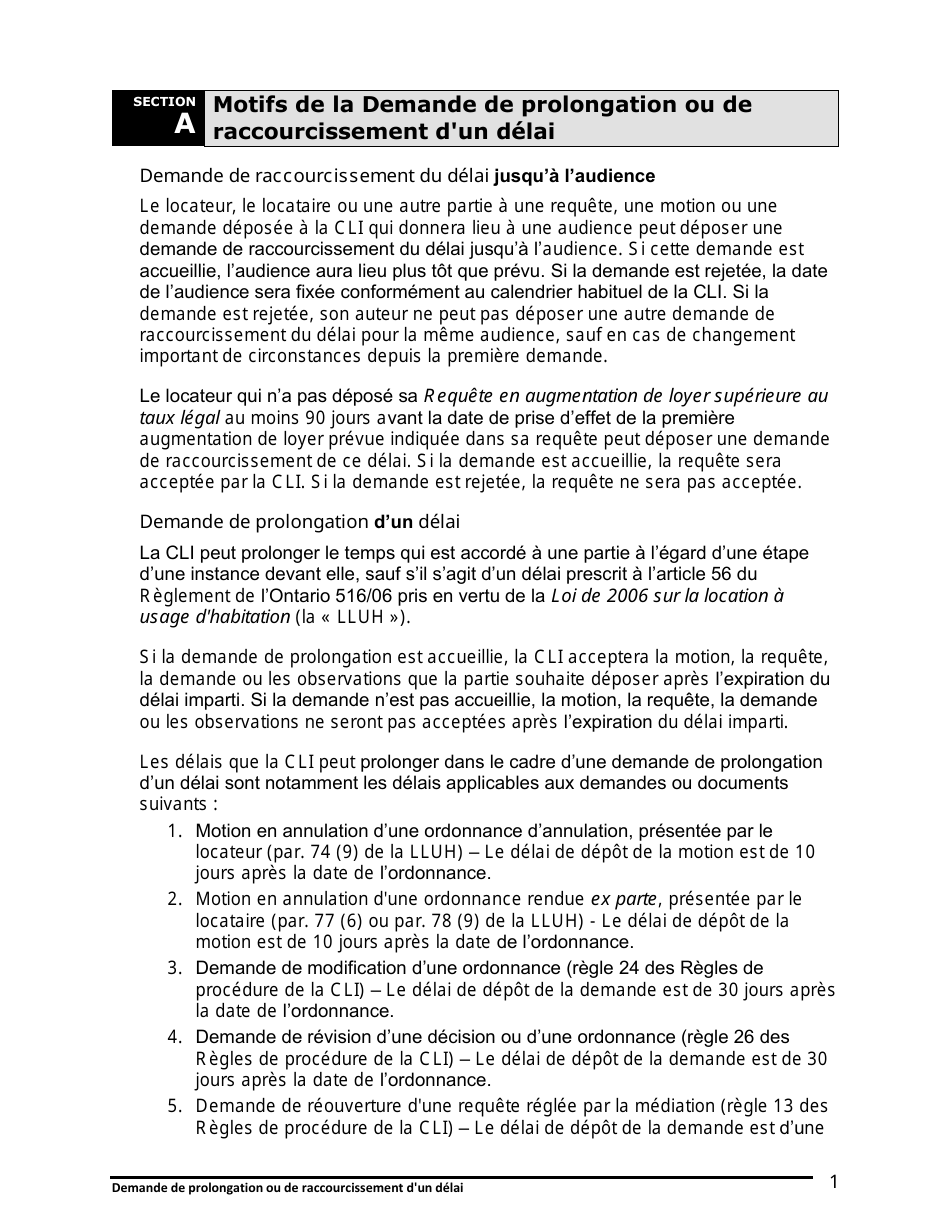 Instruction pour Demande De Prolongation Ou De Raccourcissement Dun Delai - Ontario, Canada (French), Page 2