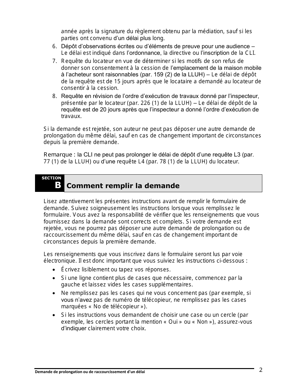 Instruction pour Demande De Prolongation Ou De Raccourcissement Dun Delai - Ontario, Canada (French), Page 3