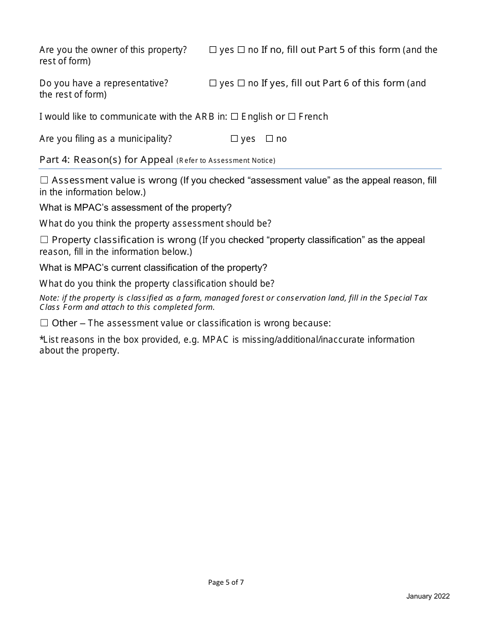 Property Assessment Appeal Form - Ontario, Canada, Page 5