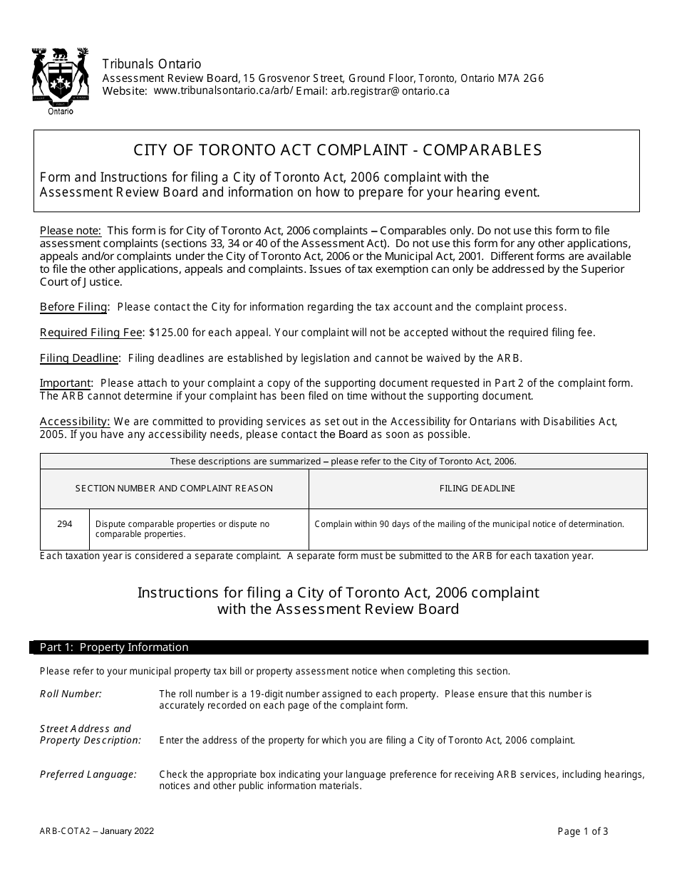 Form ARB-COTA2 Download Fillable PDF Or Fill Online City Of Toronto Act ...