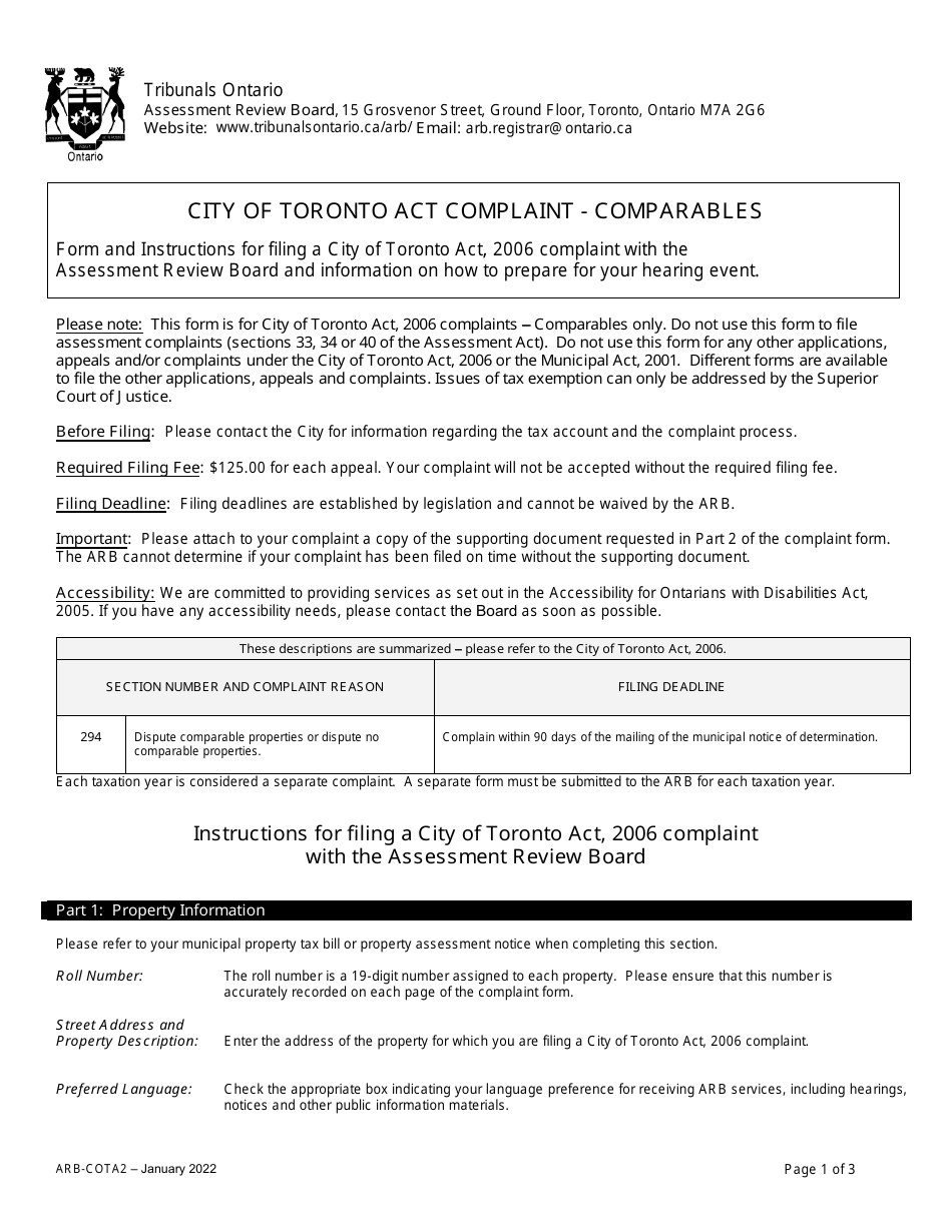 Form ARB-COTA2 City of Toronto Act Complaint - Comparables - Ontario, Canada, Page 1