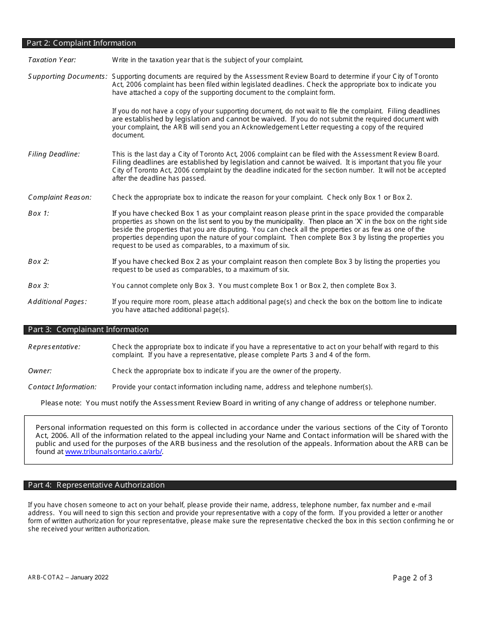 Form ARB-COTA2 City of Toronto Act Complaint - Comparables - Ontario, Canada, Page 2