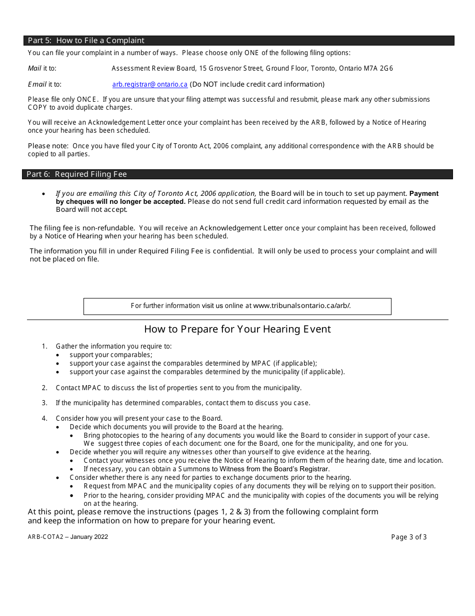 Form ARB-COTA2 City of Toronto Act Complaint - Comparables - Ontario, Canada, Page 3