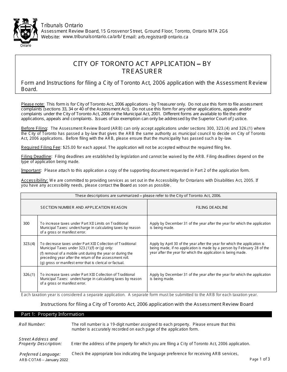 Form ARB-COTA6 City of Toronto Act Application - by Treasurer - Ontario, Canada, Page 1