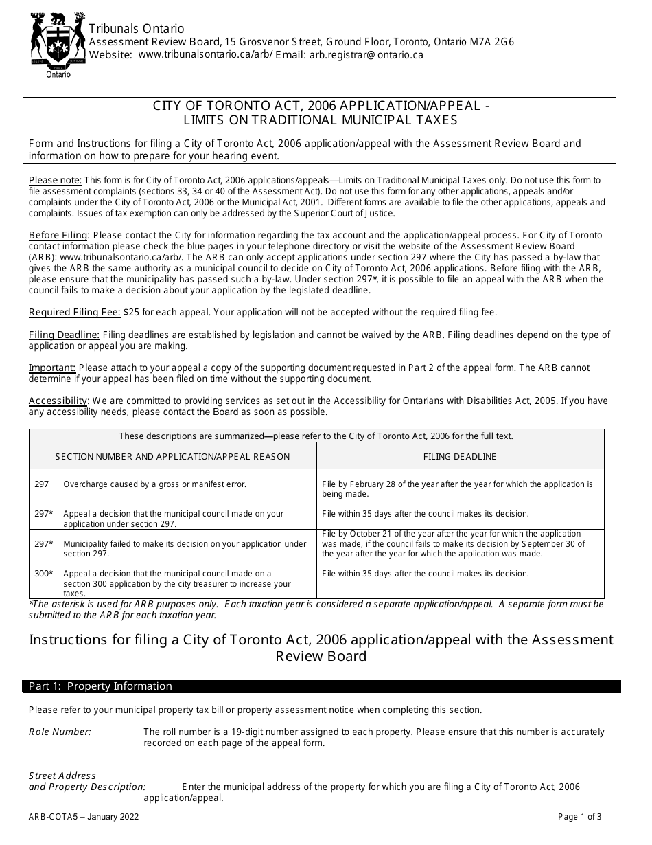 Form ARB-COTA5 City of Toronto Act Application / Appeal - Limits on Traditional Municipal Taxes - Ontario, Canada, Page 1
