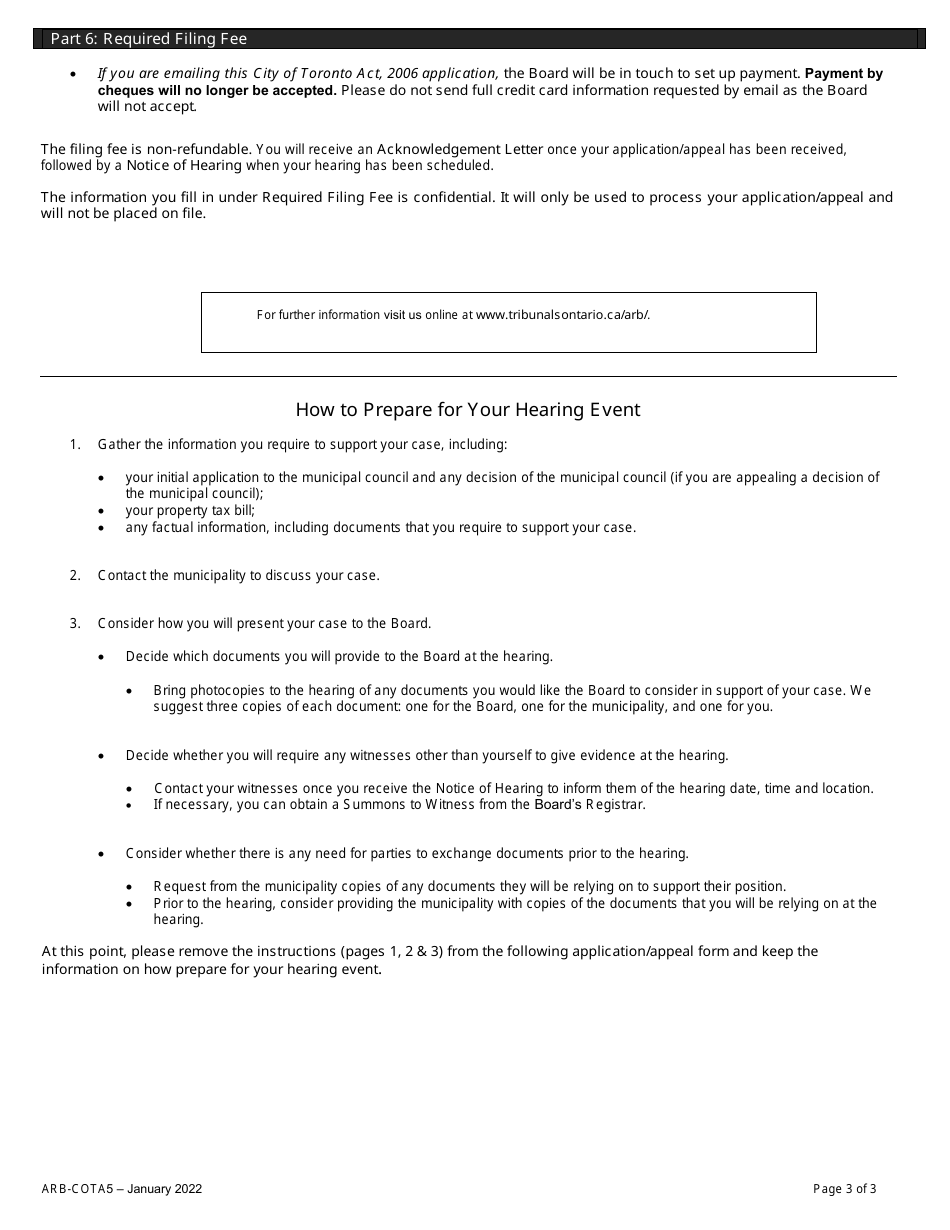 Form ARB-COTA5 City of Toronto Act Application / Appeal - Limits on Traditional Municipal Taxes - Ontario, Canada, Page 3