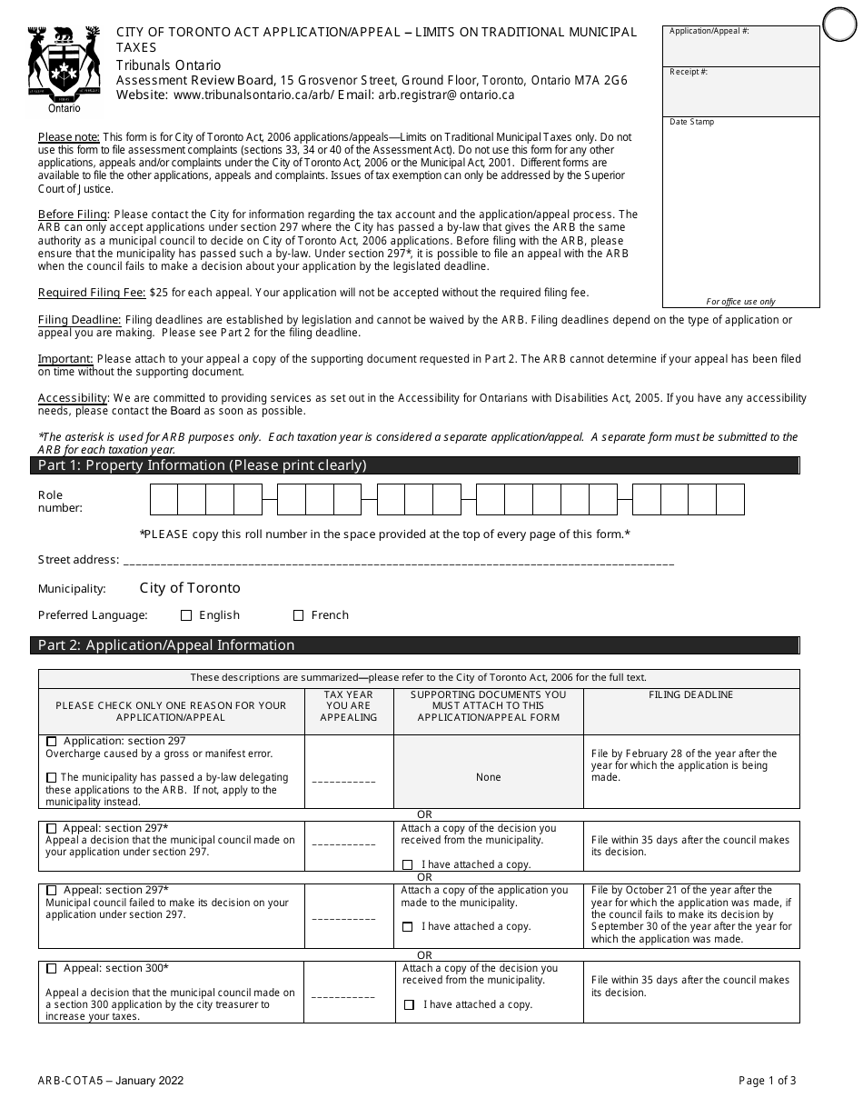 Form ARB-COTA5 City of Toronto Act Application / Appeal - Limits on Traditional Municipal Taxes - Ontario, Canada, Page 4