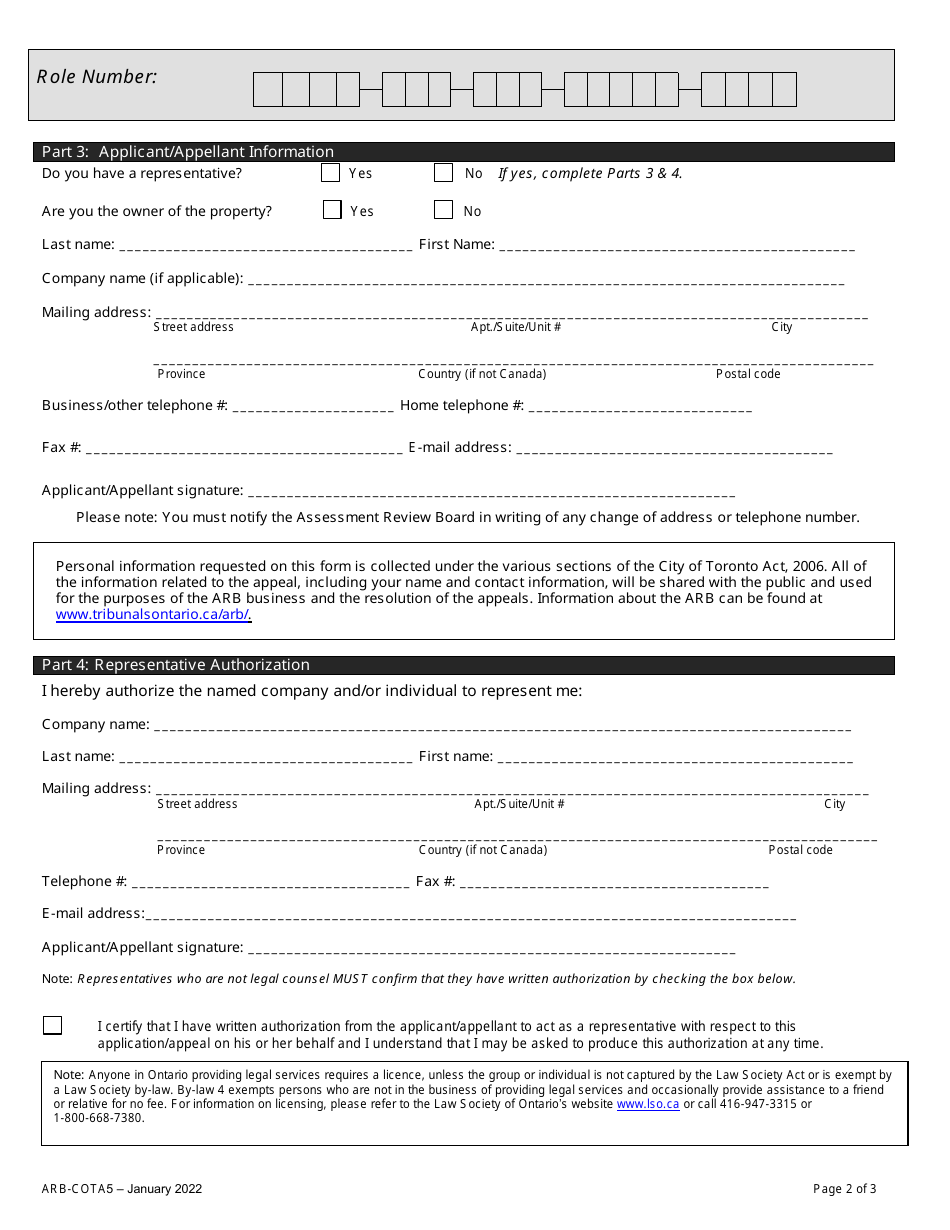 Form ARB-COTA5 City of Toronto Act Application / Appeal - Limits on Traditional Municipal Taxes - Ontario, Canada, Page 5