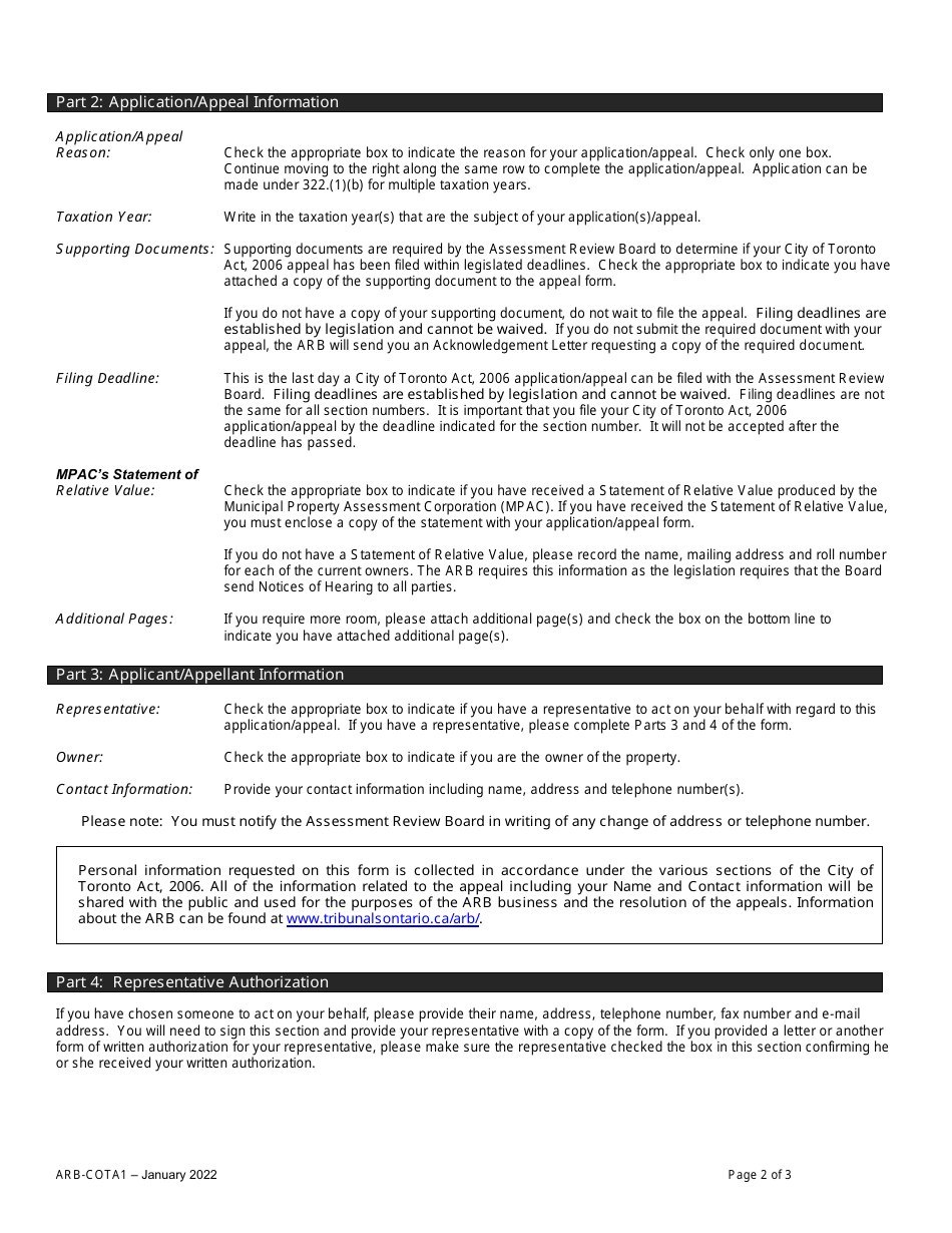 Form ARB-COTA1 City of Toronto Act Application / Appeal - Apportionment - Ontario, Canada, Page 2