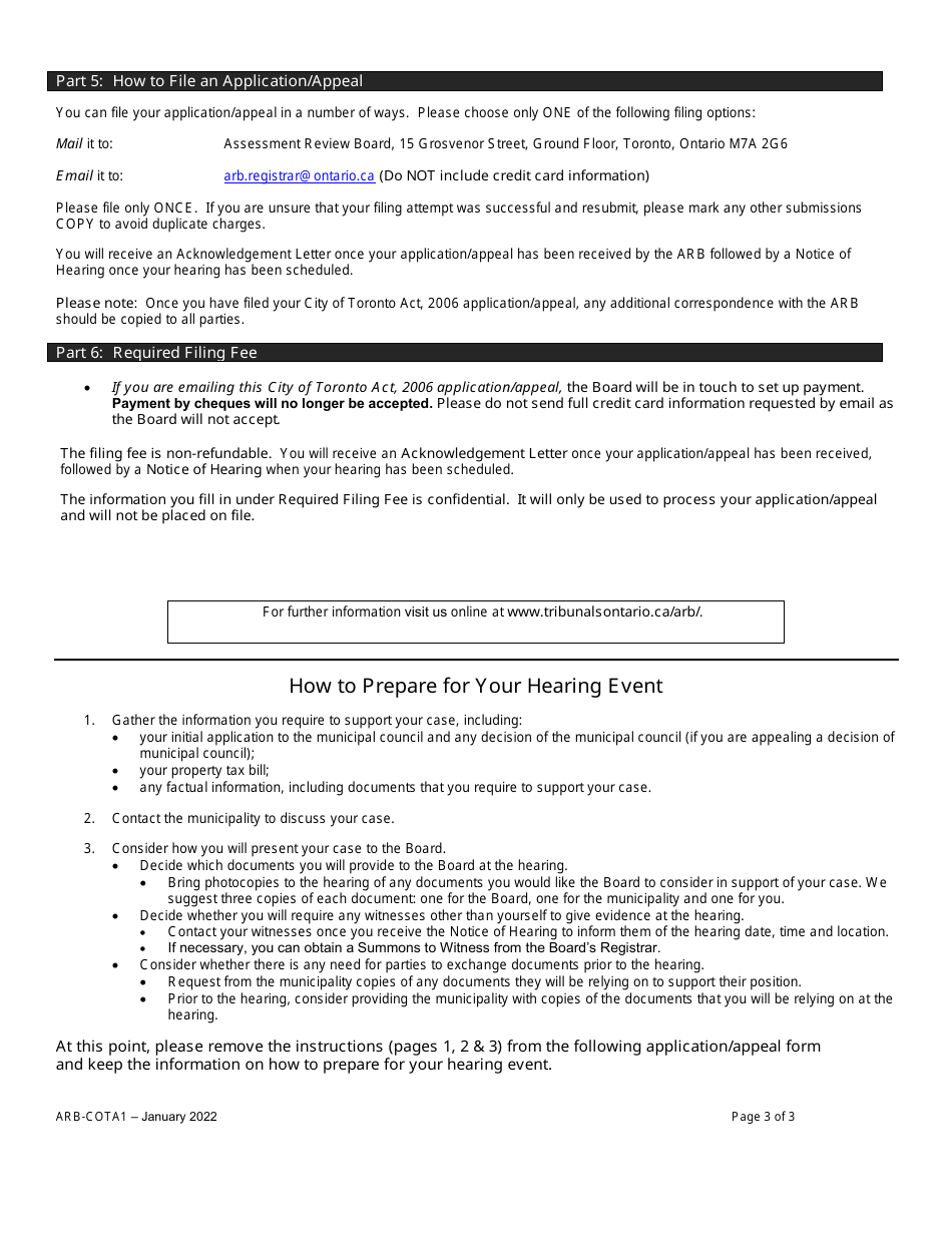 Form ARB-COTA1 City of Toronto Act Application / Appeal - Apportionment - Ontario, Canada, Page 3