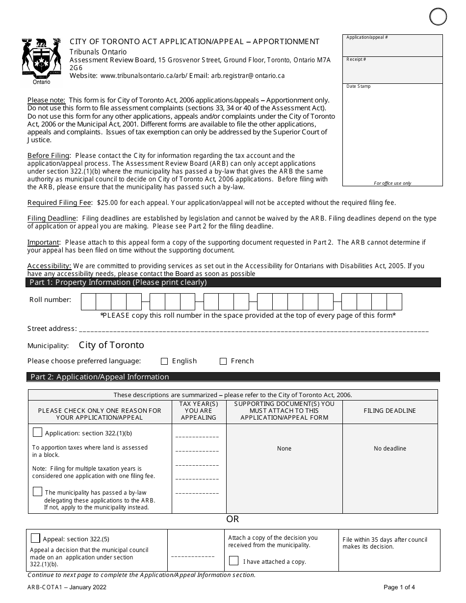 Form ARB-COTA1 City of Toronto Act Application / Appeal - Apportionment - Ontario, Canada, Page 4