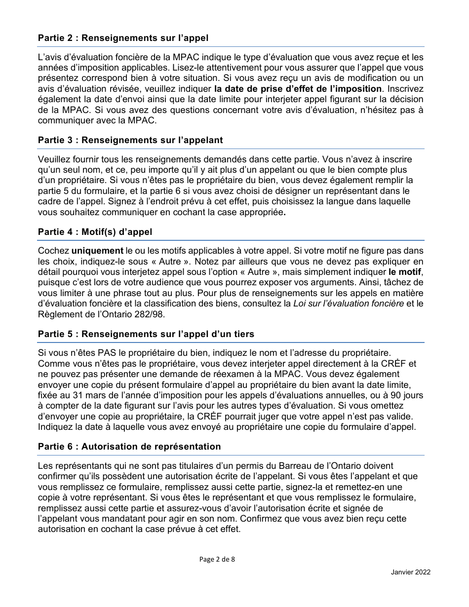 Formulaire Dappel Dune Evaluation Fonciere De La Cref - Ontario, Canada (French), Page 2