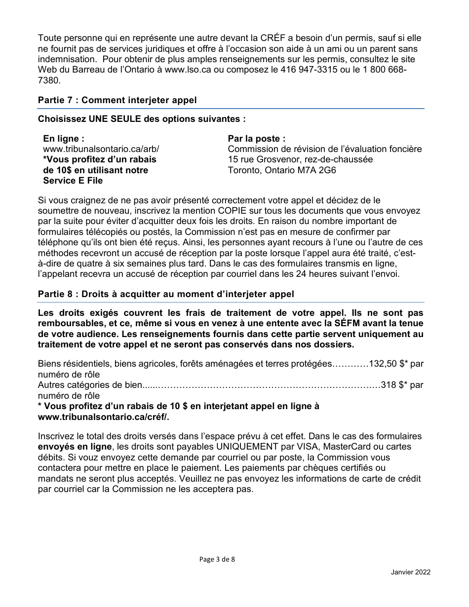 Formulaire Dappel Dune Evaluation Fonciere De La Cref - Ontario, Canada (French), Page 3