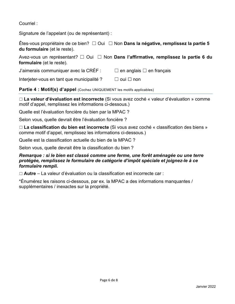 Formulaire Dappel Dune Evaluation Fonciere De La Cref - Ontario, Canada (French), Page 6