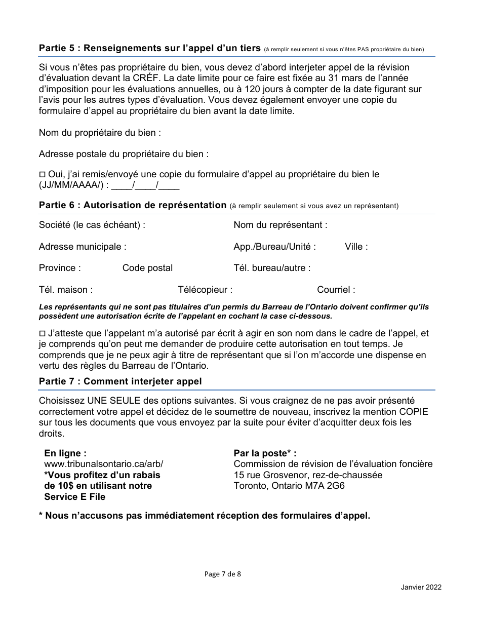 Formulaire Dappel Dune Evaluation Fonciere De La Cref - Ontario, Canada (French), Page 7