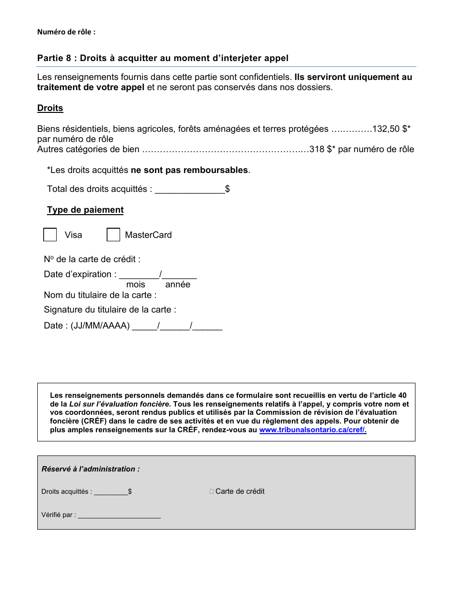 Formulaire Dappel Dune Evaluation Fonciere De La Cref - Ontario, Canada (French), Page 8