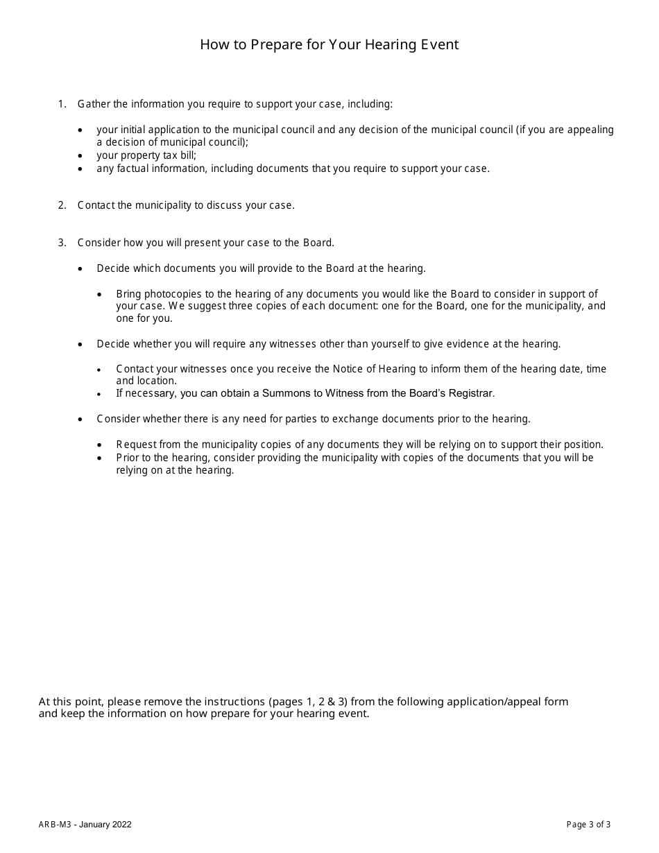 Form ARB-M3 Municipal Act Application / Appeal - Sickness or Poverty - Ontario, Canada, Page 3