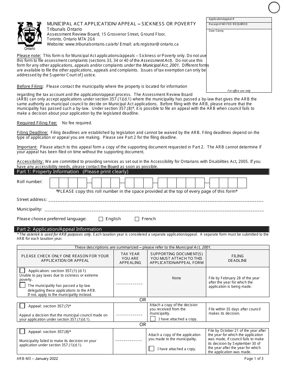 Form ARB-M3 Municipal Act Application / Appeal - Sickness or Poverty - Ontario, Canada, Page 4
