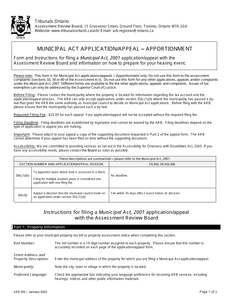 Form ARB-M5 Municipal Act Application / Appeal - Apportionment - Ontario, Canada, Page 1