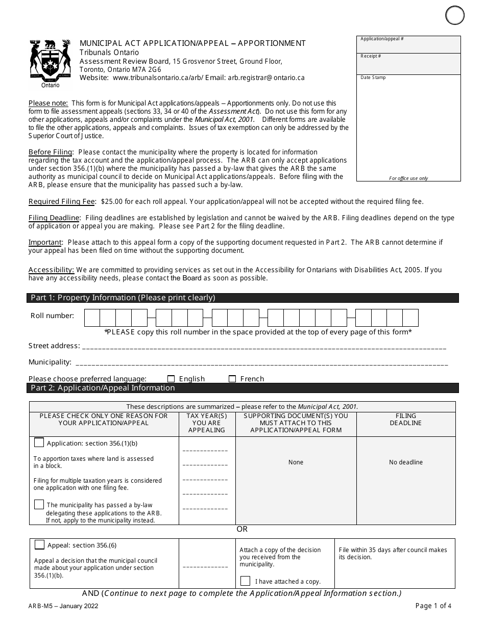 Form ARB-M5 Municipal Act Application / Appeal - Apportionment - Ontario, Canada, Page 4
