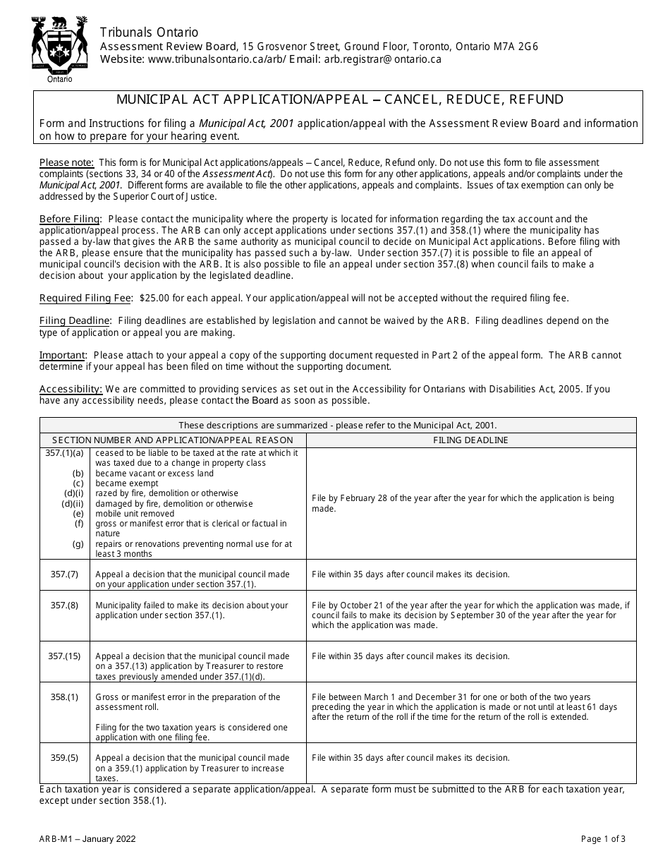 Form ARB-M1 Municipal Act Application / Appeal - Cancel, Reduce, Refund - Ontario, Canada, Page 1