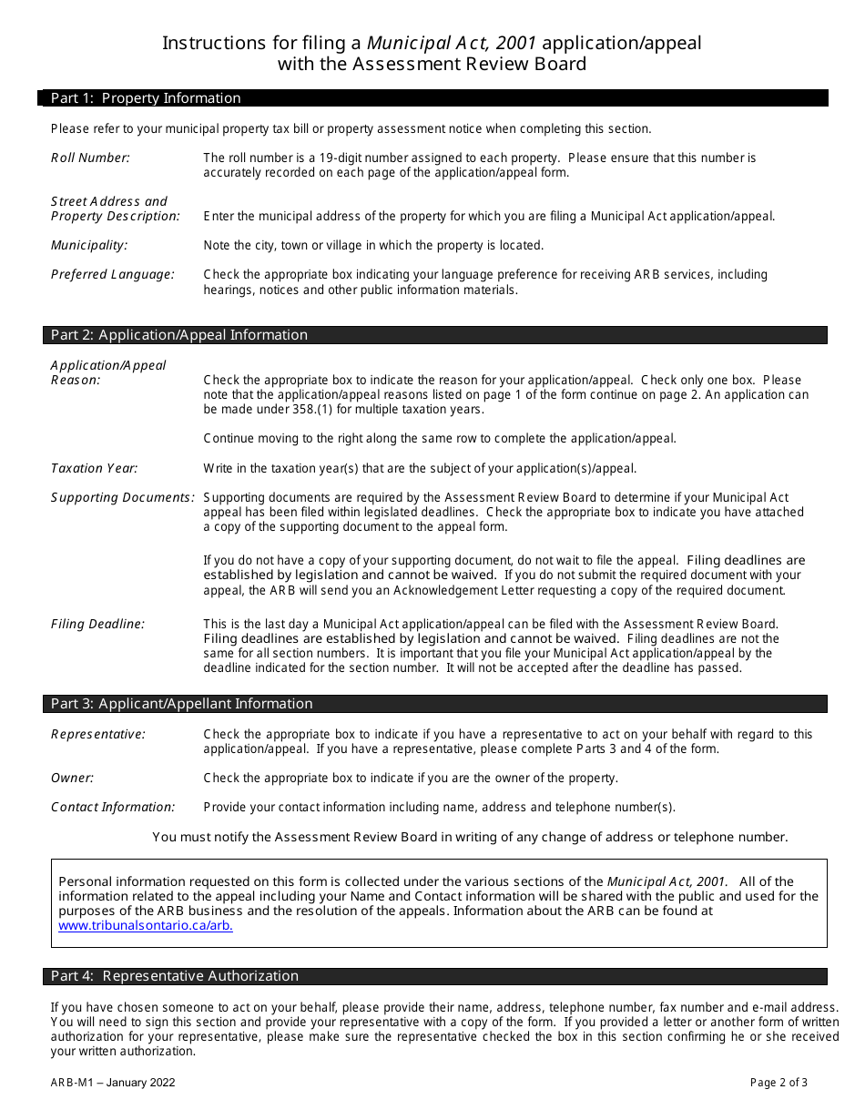 Form ARB-M1 Municipal Act Application / Appeal - Cancel, Reduce, Refund - Ontario, Canada, Page 2