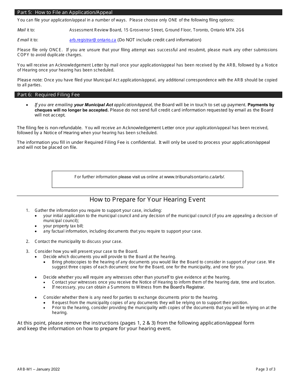 Form ARB-M1 Municipal Act Application / Appeal - Cancel, Reduce, Refund - Ontario, Canada, Page 3