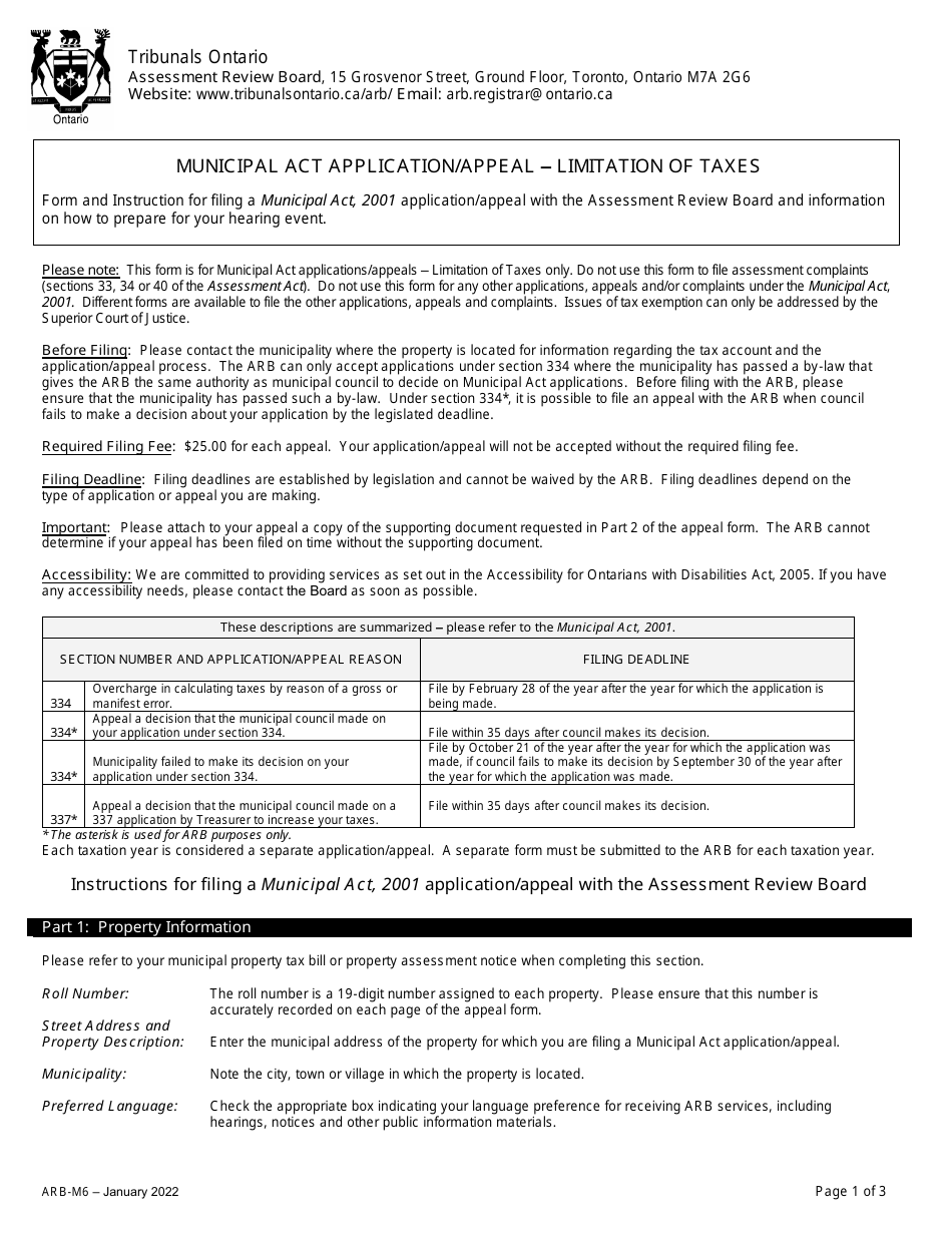 Form ARB-M6 Municipal Act Application / Appeal - Limitation of Taxes - Ontario, Canada, Page 1