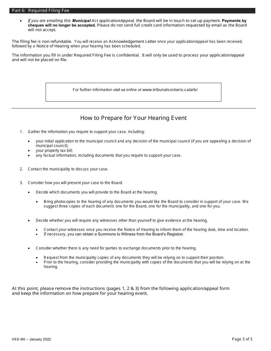 Form ARB-M6 Municipal Act Application / Appeal - Limitation of Taxes - Ontario, Canada, Page 3