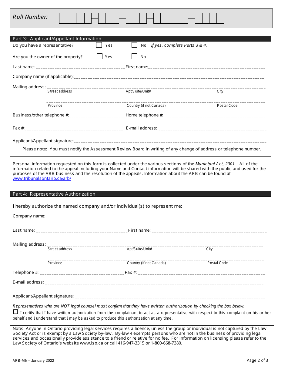 Form ARB-M6 Municipal Act Application / Appeal - Limitation of Taxes - Ontario, Canada, Page 5