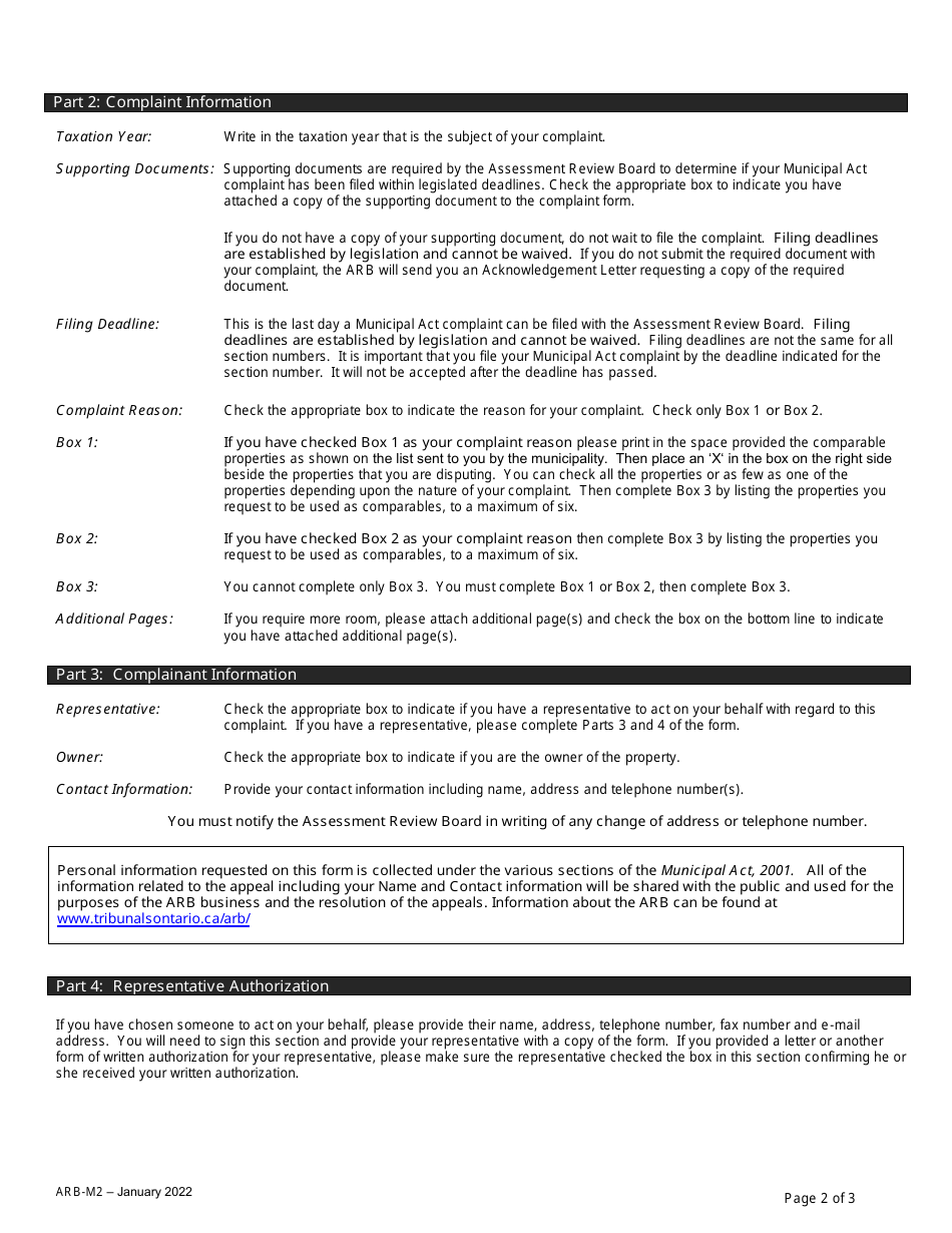 Form ARB-M2 Municipal Act Complaint - Comparables - Ontario, Canada, Page 2