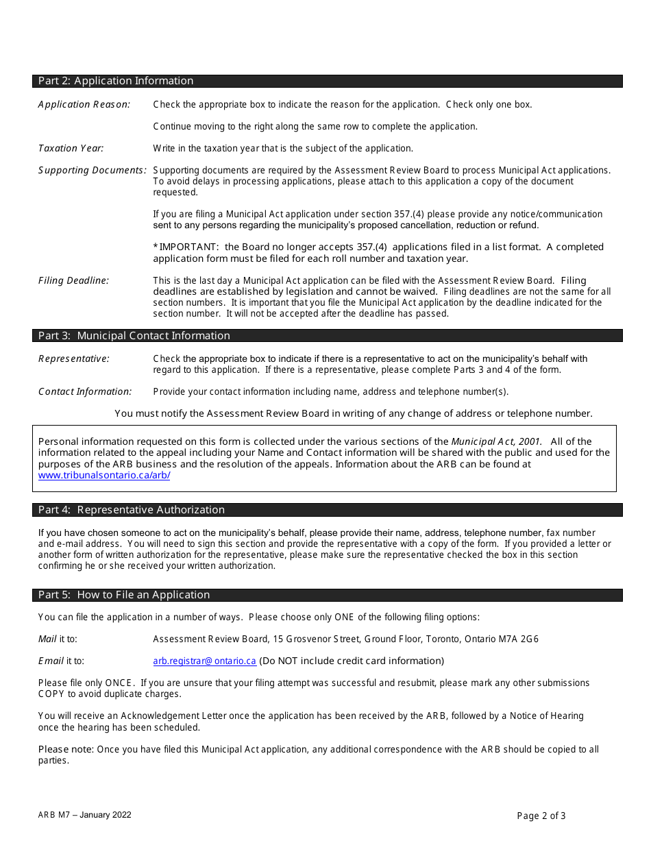 Form ARB-M7 Municipal Act Application - by Treasurer - Ontario, Canada, Page 2