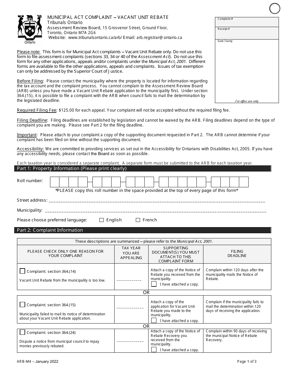 Form ARB-M4 Municipal Act Complaint - Vacant Unit Rebate - Ontario, Canada, Page 4