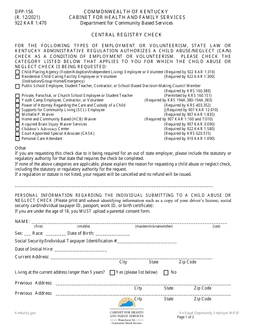 Form DPP-156 Central Registry Check - Kentucky