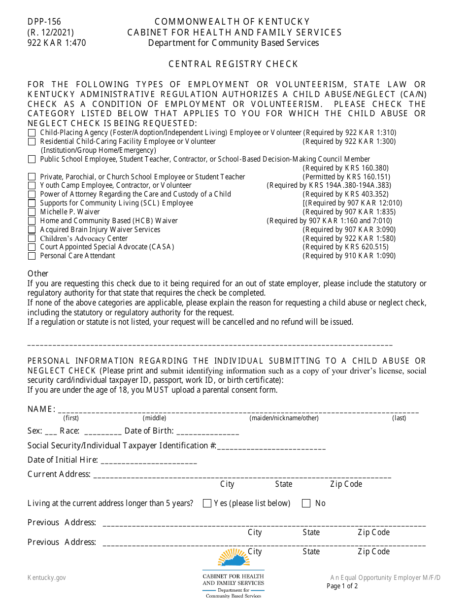 Form DPP-156 Central Registry Check - Kentucky, Page 1