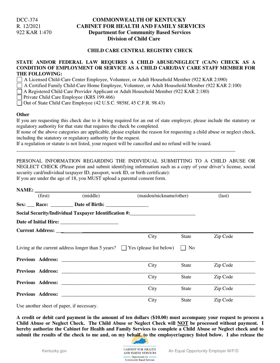 Form DCC-374 Child Care Central Registry Check - Kentucky, Page 1