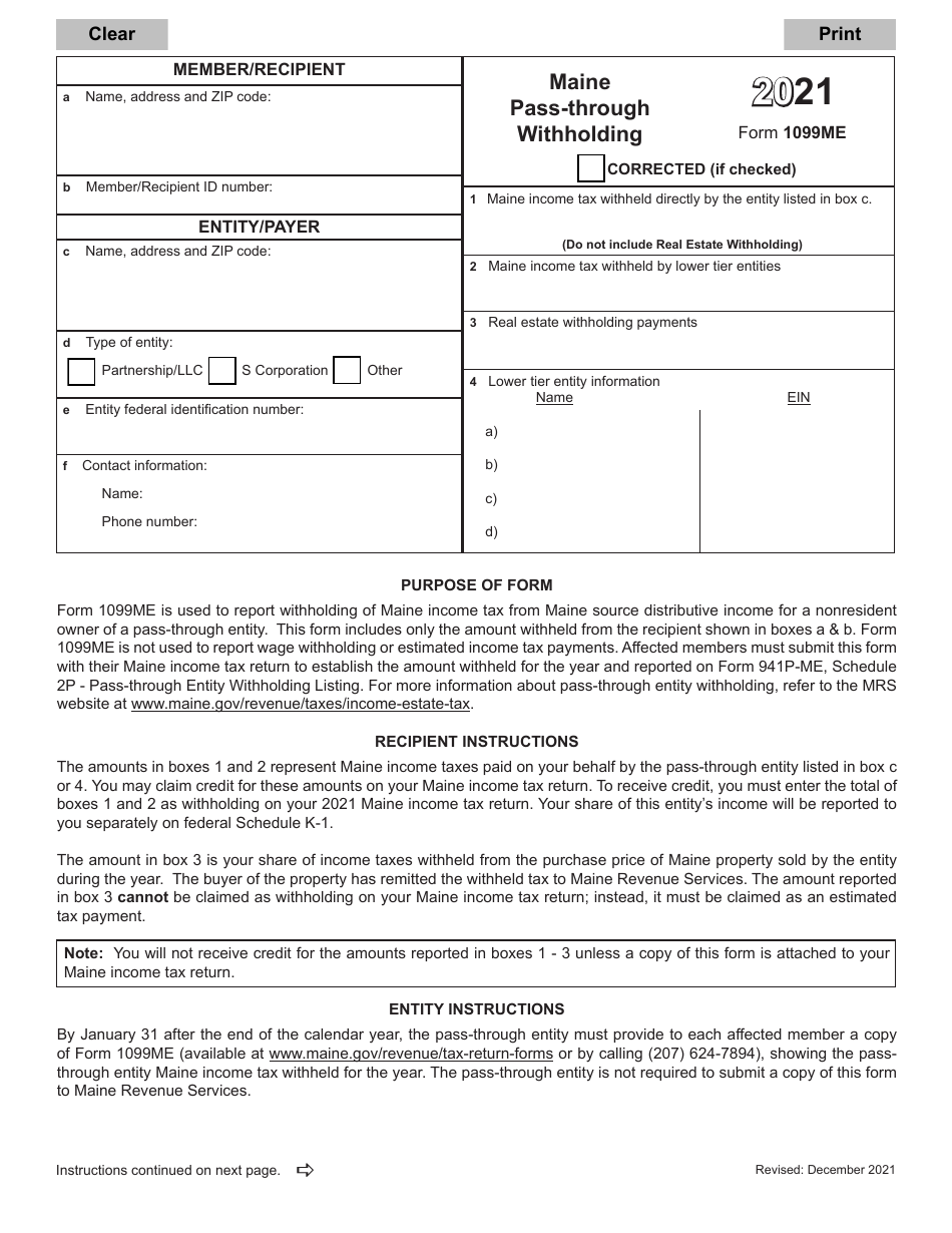Form 1099ME Summary of Amounts Withheld From Member for the Year - Maine, Page 1