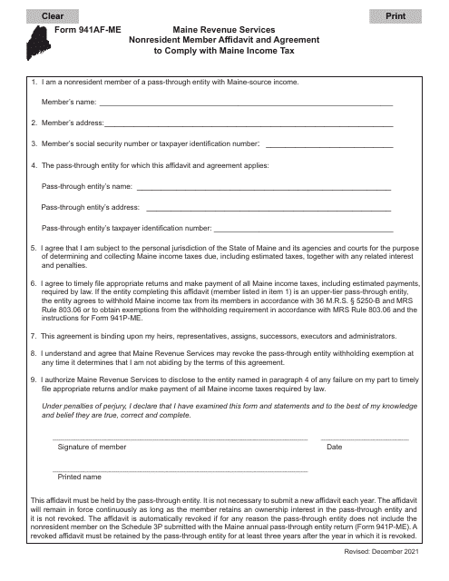 Form 941AF-ME Nonresident Member Affidavit and Agreement to Comply With Maine Income Tax - Maine