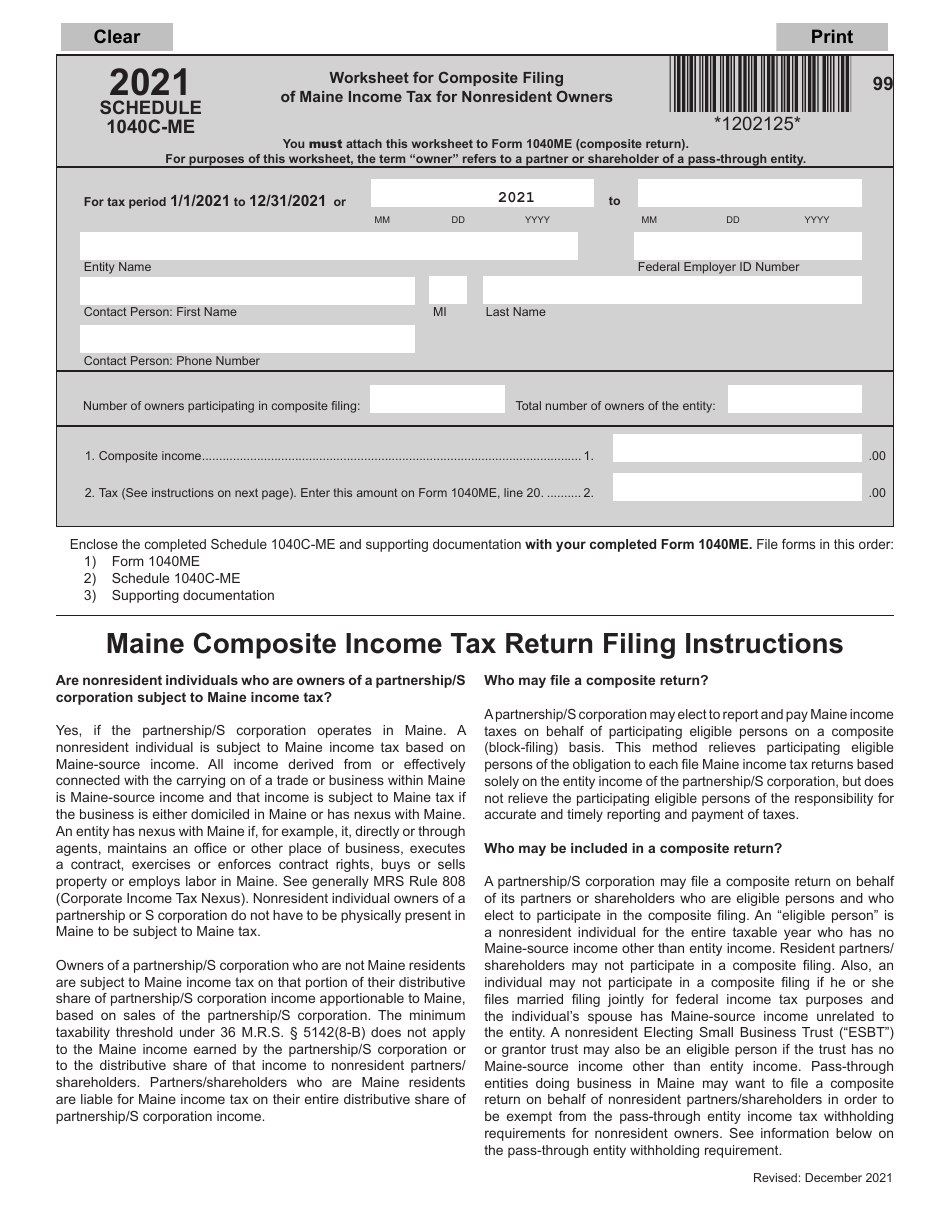 Schedule 1040C-ME Worksheet for Composite Filing of Maine Income Tax for Nonresident Owners - Maine, Page 1