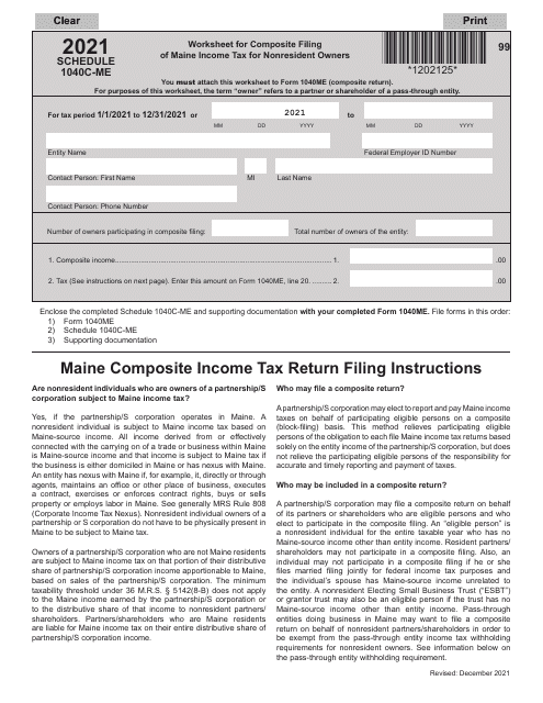 Schedule 1040C-ME Worksheet for Composite Filing of Maine Income Tax for Nonresident Owners - Maine, 2021