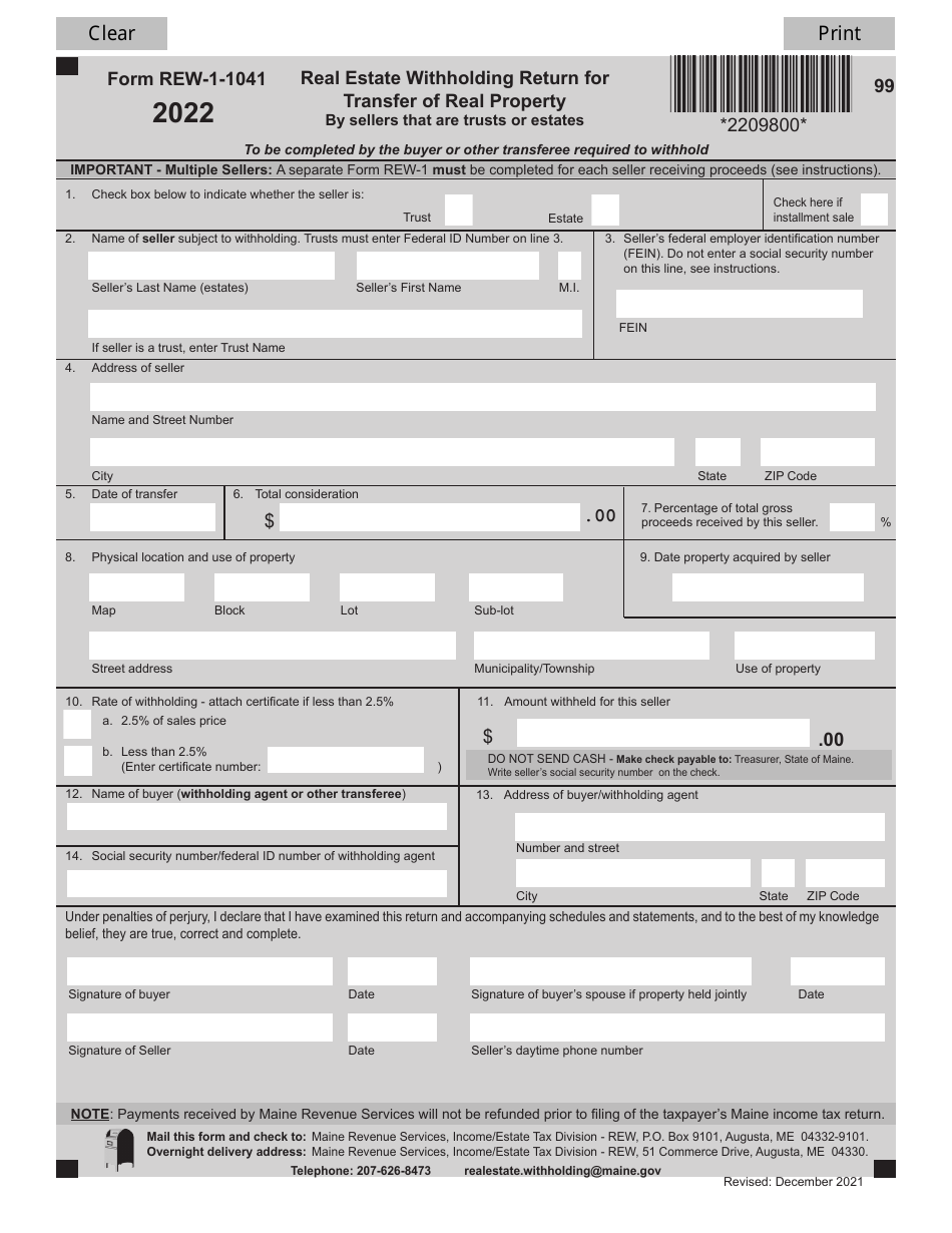 Form REW-1-1041 Real Estate Withholding Return for Transfer of Real Property by Sellers That Are Trusts or Estates - Maine, Page 1