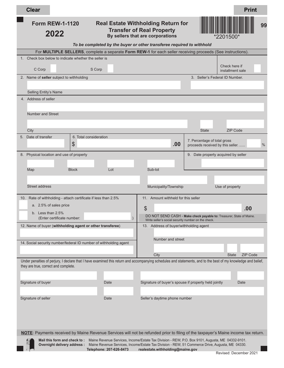 Form REW-1-1120 Real Estate Withholding Return for Transfer of Real Property by Sellers That Are Corporations - Maine, Page 1