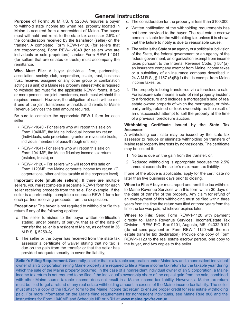 Form REW-1-1120 Real Estate Withholding Return for Transfer of Real Property by Sellers That Are Corporations - Maine, Page 2