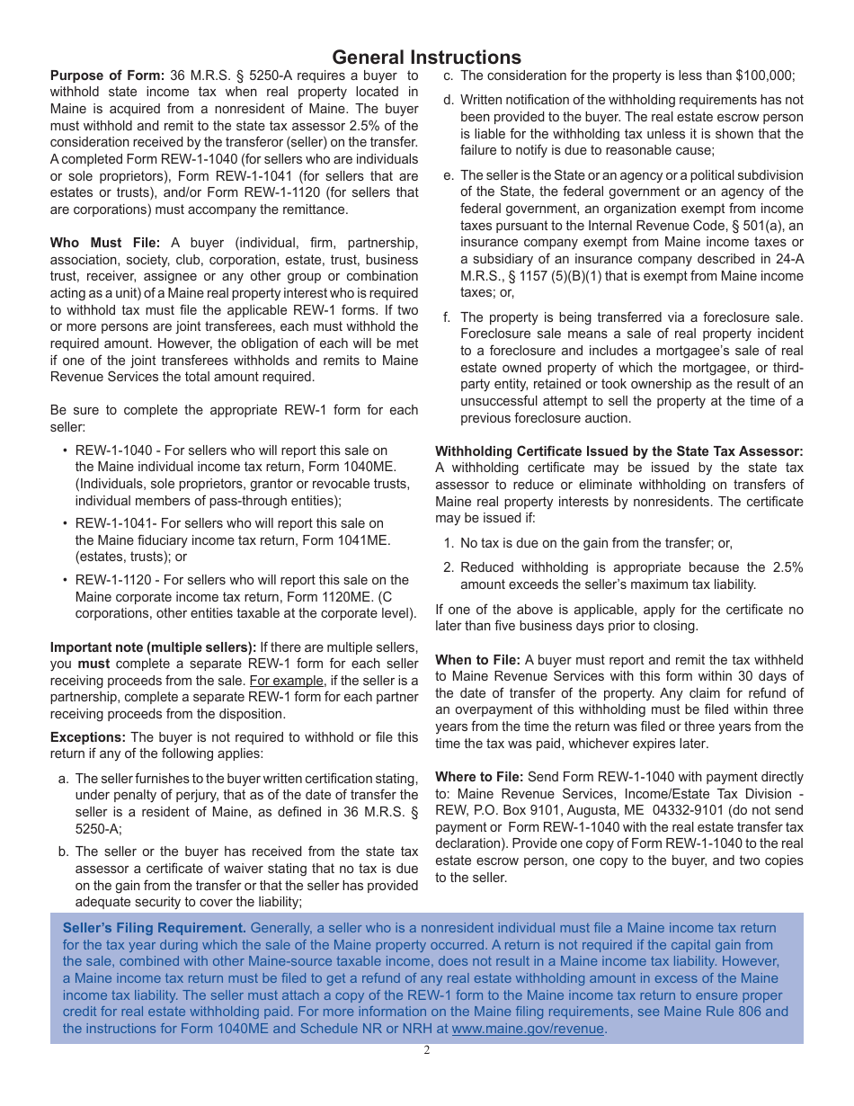 Form REW-1-140 Real Estate Withholding Return for Transfer of Real Property by Sellers Who Are Individuals or Sole Proprietors - Maine, Page 2