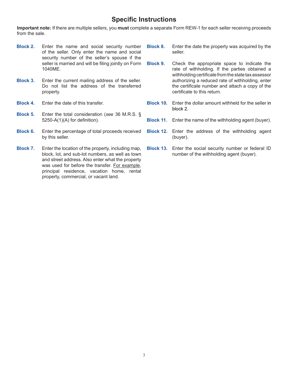 Form REW-1-140 Real Estate Withholding Return for Transfer of Real Property by Sellers Who Are Individuals or Sole Proprietors - Maine, Page 3