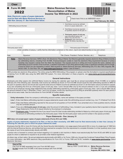 Form W-3ME Reconciliation of Maine Income Tax Withheld - Maine, 2022