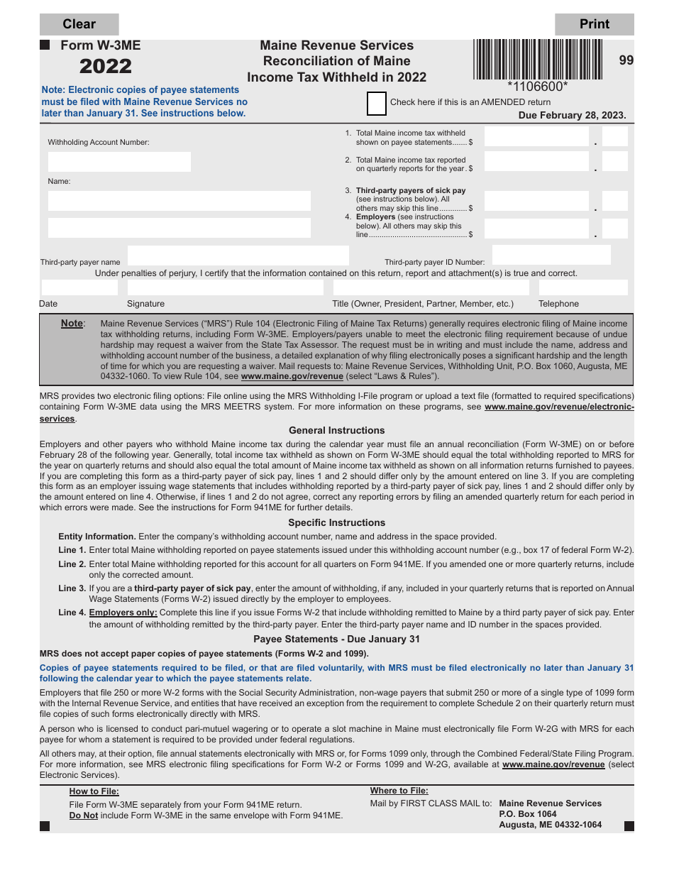 Form W-3ME Reconciliation of Maine Income Tax Withheld - Maine, Page 1